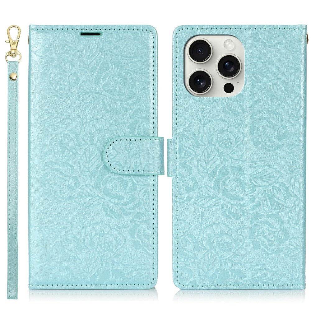 For iPhone 14 Pro Case with Hand Strap Flower Imprint Leather Wallet Phone Cover