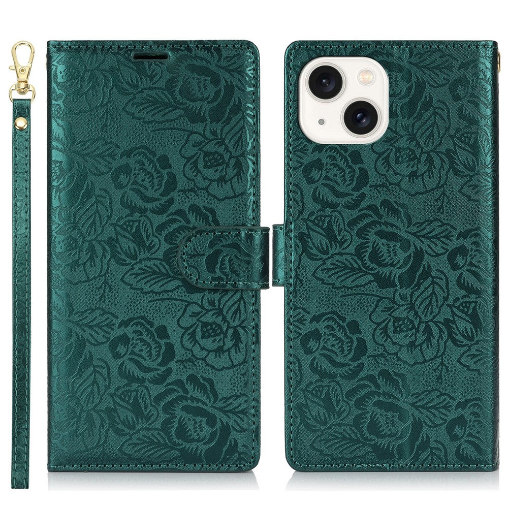 For iPhone 14 / 13 Case with Hand Strap Flower Imprint Leather Wallet Phone Cover