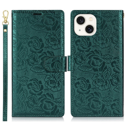 For iPhone 14 / 13 Case with Hand Strap Flower Imprint Leather Wallet Phone Cover