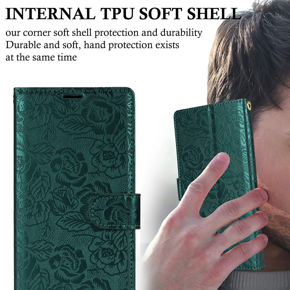 For iPhone 14 / 13 Case with Hand Strap Flower Imprint Leather Wallet Phone Cover