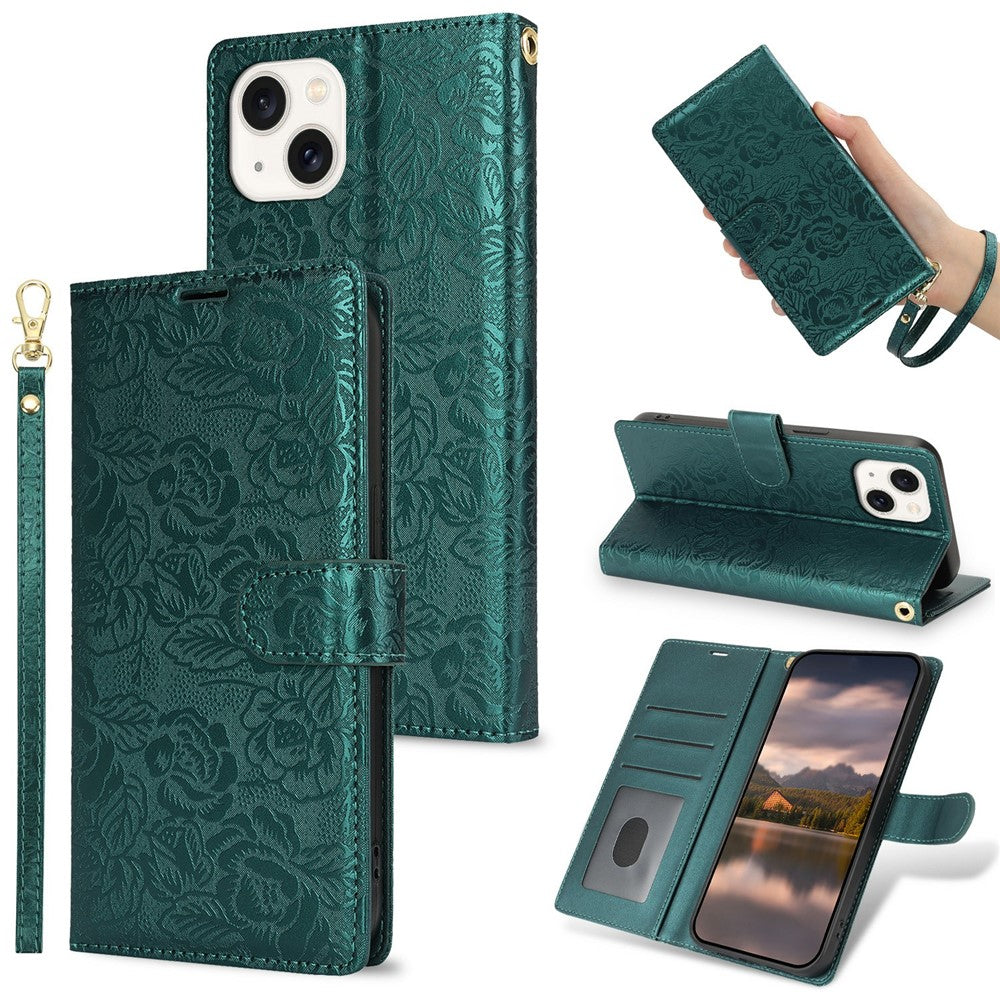 For iPhone 14 / 13 Case with Hand Strap Flower Imprint Leather Wallet Phone Cover