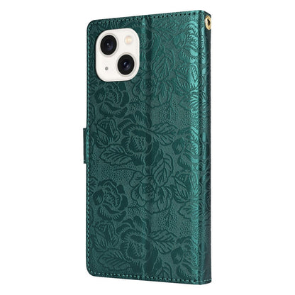 For iPhone 14 / 13 Case with Hand Strap Flower Imprint Leather Wallet Phone Cover