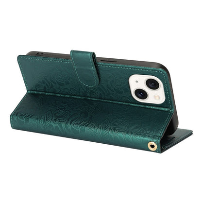For iPhone 14 / 13 Case with Hand Strap Flower Imprint Leather Wallet Phone Cover