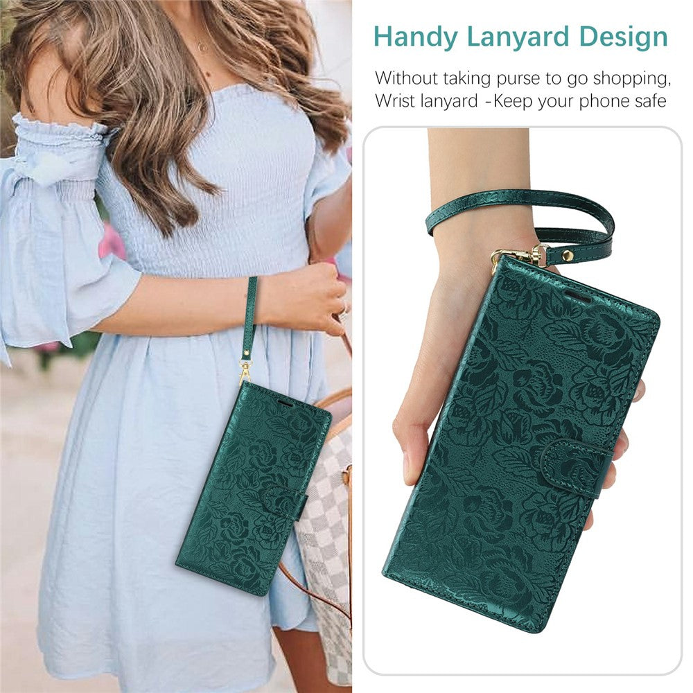 For iPhone 14 / 13 Case with Hand Strap Flower Imprint Leather Wallet Phone Cover