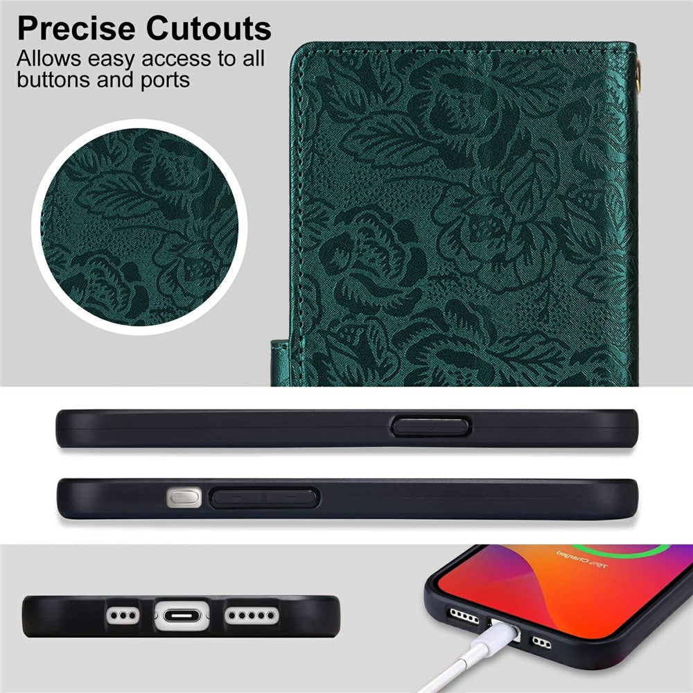 For iPhone 14 / 13 Case with Hand Strap Flower Imprint Leather Wallet Phone Cover