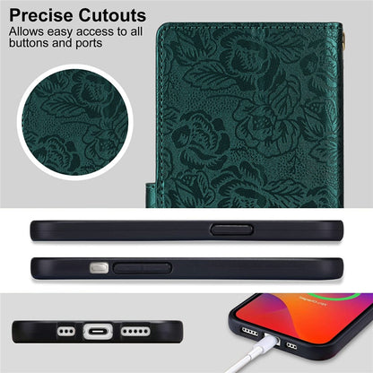 For iPhone 14 / 13 Case with Hand Strap Flower Imprint Leather Wallet Phone Cover