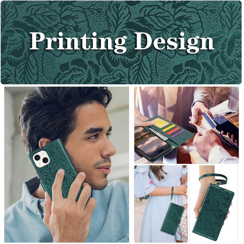 For iPhone 14 / 13 Case with Hand Strap Flower Imprint Leather Wallet Phone Cover