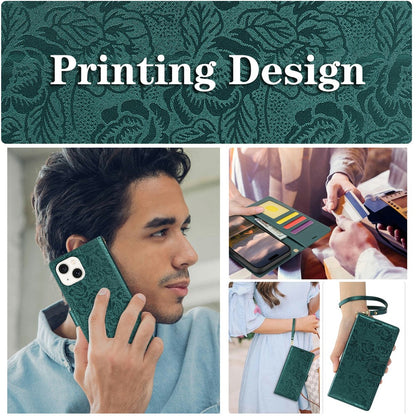 For iPhone 14 / 13 Case with Hand Strap Flower Imprint Leather Wallet Phone Cover