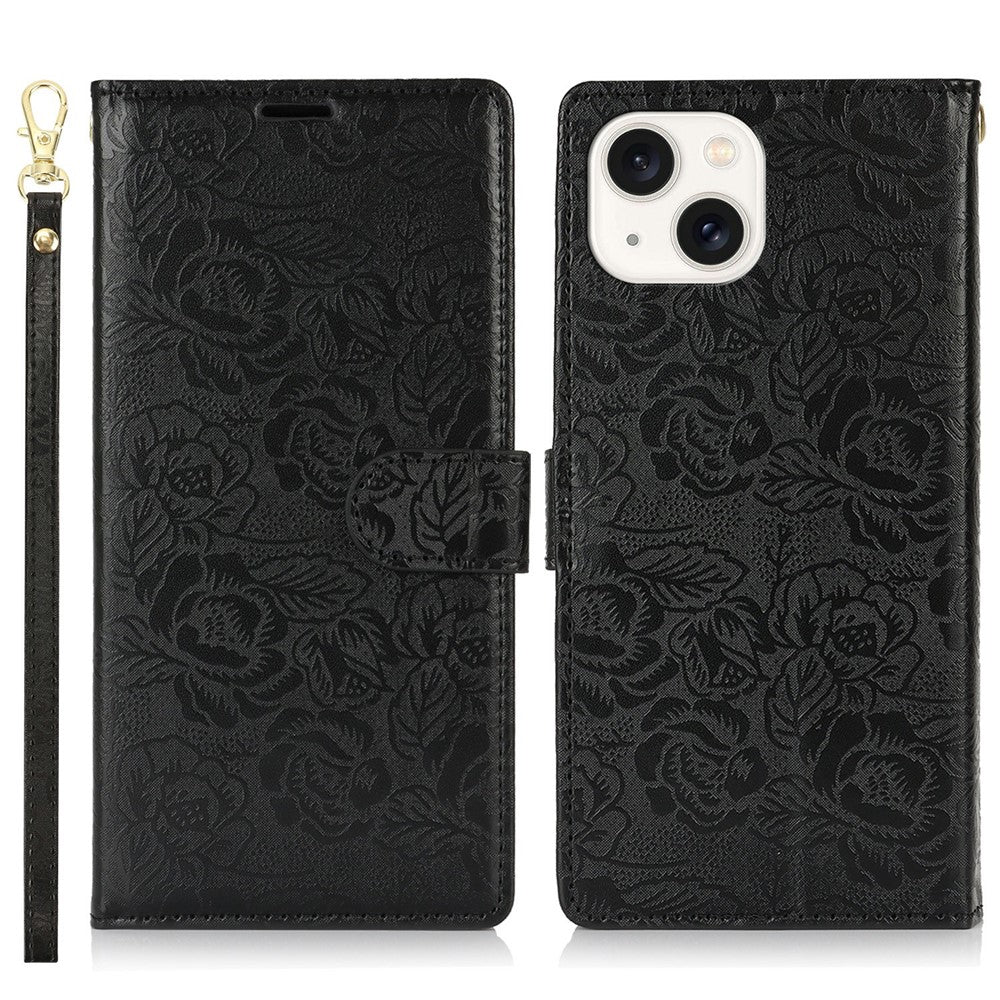 For iPhone 14 / 13 Case with Hand Strap Flower Imprint Leather Wallet Phone Cover