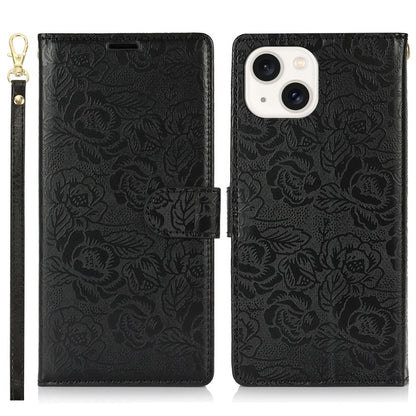 For iPhone 14 / 13 Case with Hand Strap Flower Imprint Leather Wallet Phone Cover