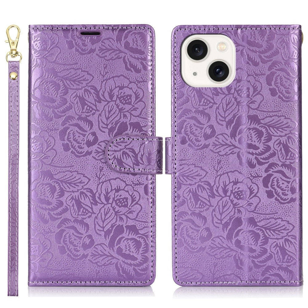 For iPhone 14 / 13 Case with Hand Strap Flower Imprint Leather Wallet Phone Cover