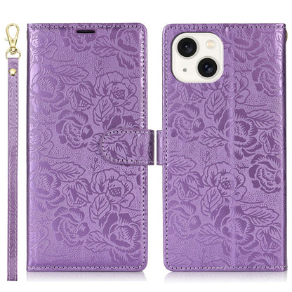 For iPhone 14 / 13 Case with Hand Strap Flower Imprint Leather Wallet Phone Cover