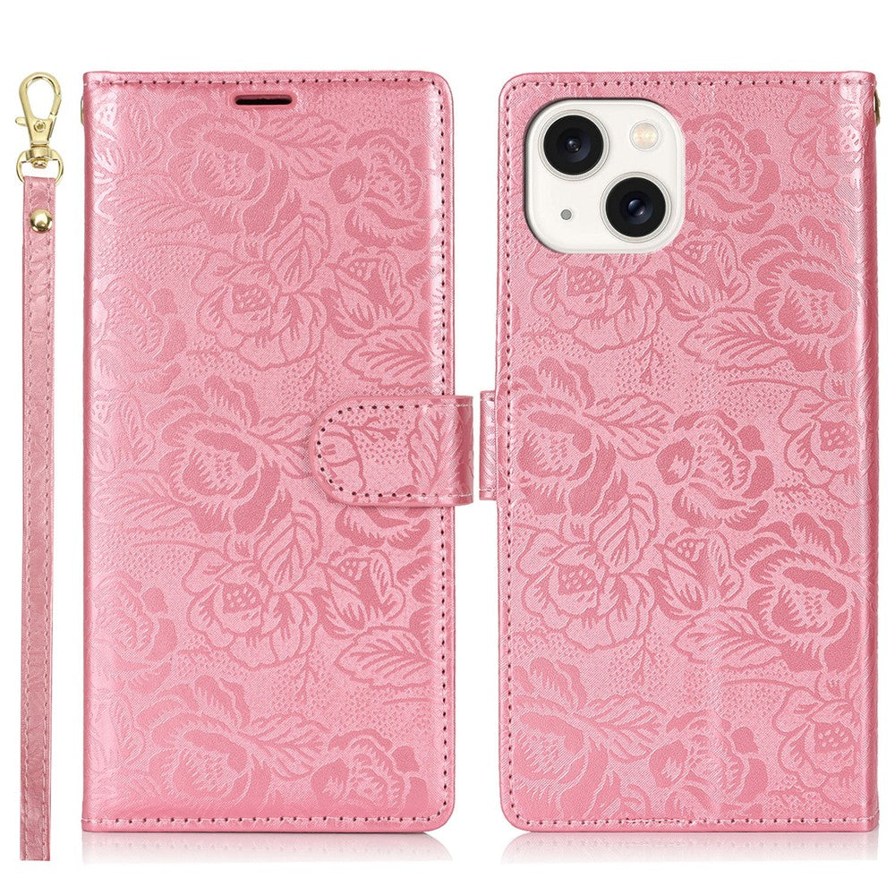 For iPhone 14 / 13 Case with Hand Strap Flower Imprint Leather Wallet Phone Cover