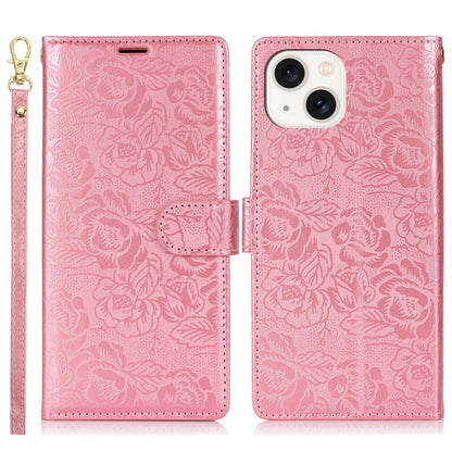 For iPhone 14 / 13 Case with Hand Strap Flower Imprint Leather Wallet Phone Cover