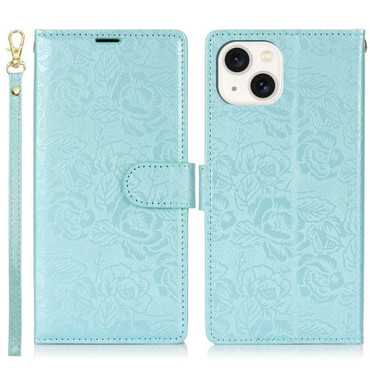 For iPhone 14 / 13 Case with Hand Strap Flower Imprint Leather Wallet Phone Cover