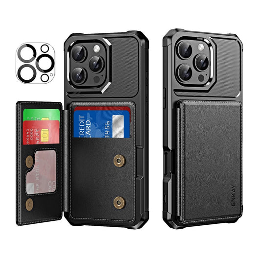 ENKAY For iPhone 14 Pro  Hat-Prince Wallet Card Slot Kickstand PU Leather +TPU Back Phone Cover with Camera Lens Film