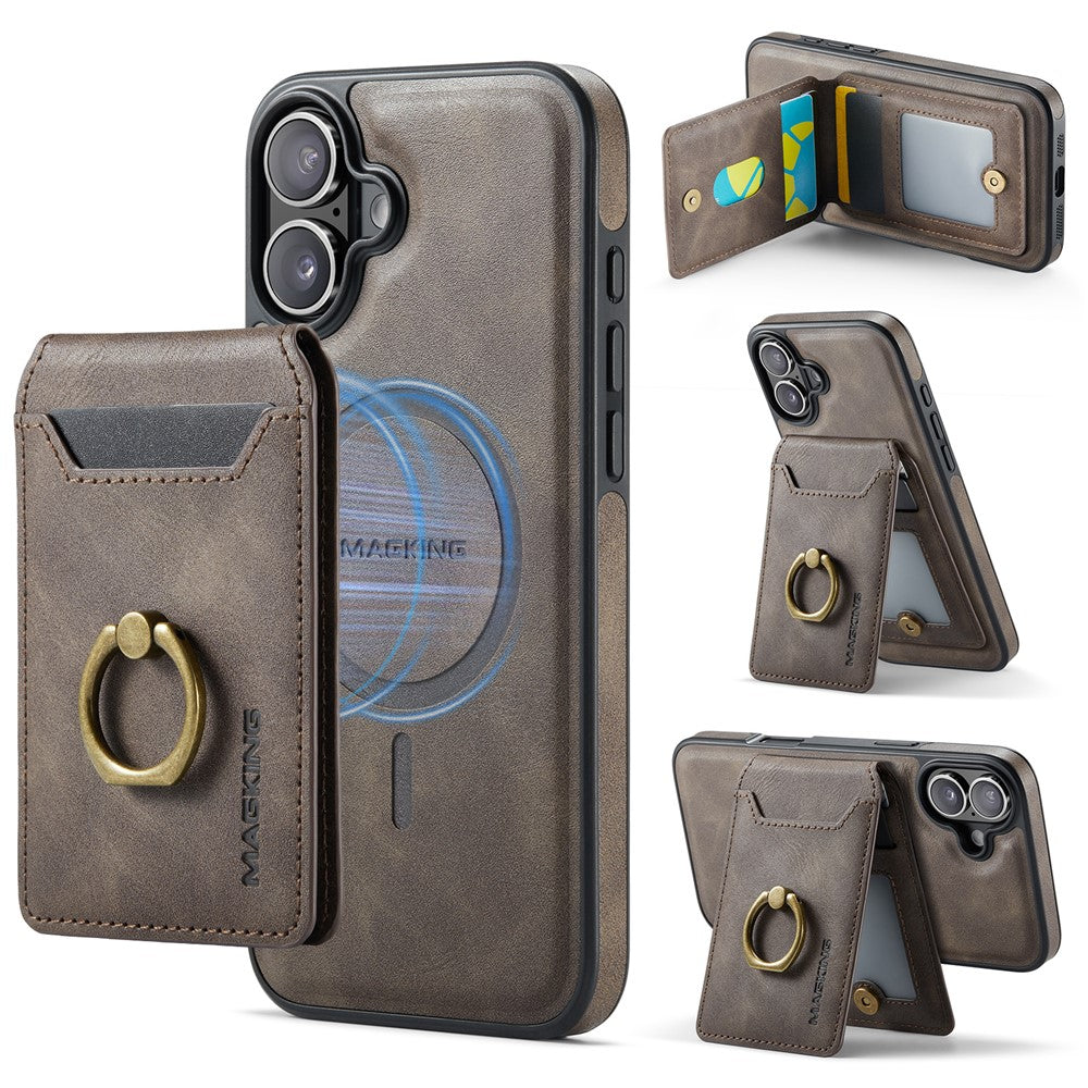 MAGKING K1 Series For iPhone 16 Magnetic Case PC+TPU+PU Phone Cover with Card Holder Kickstand