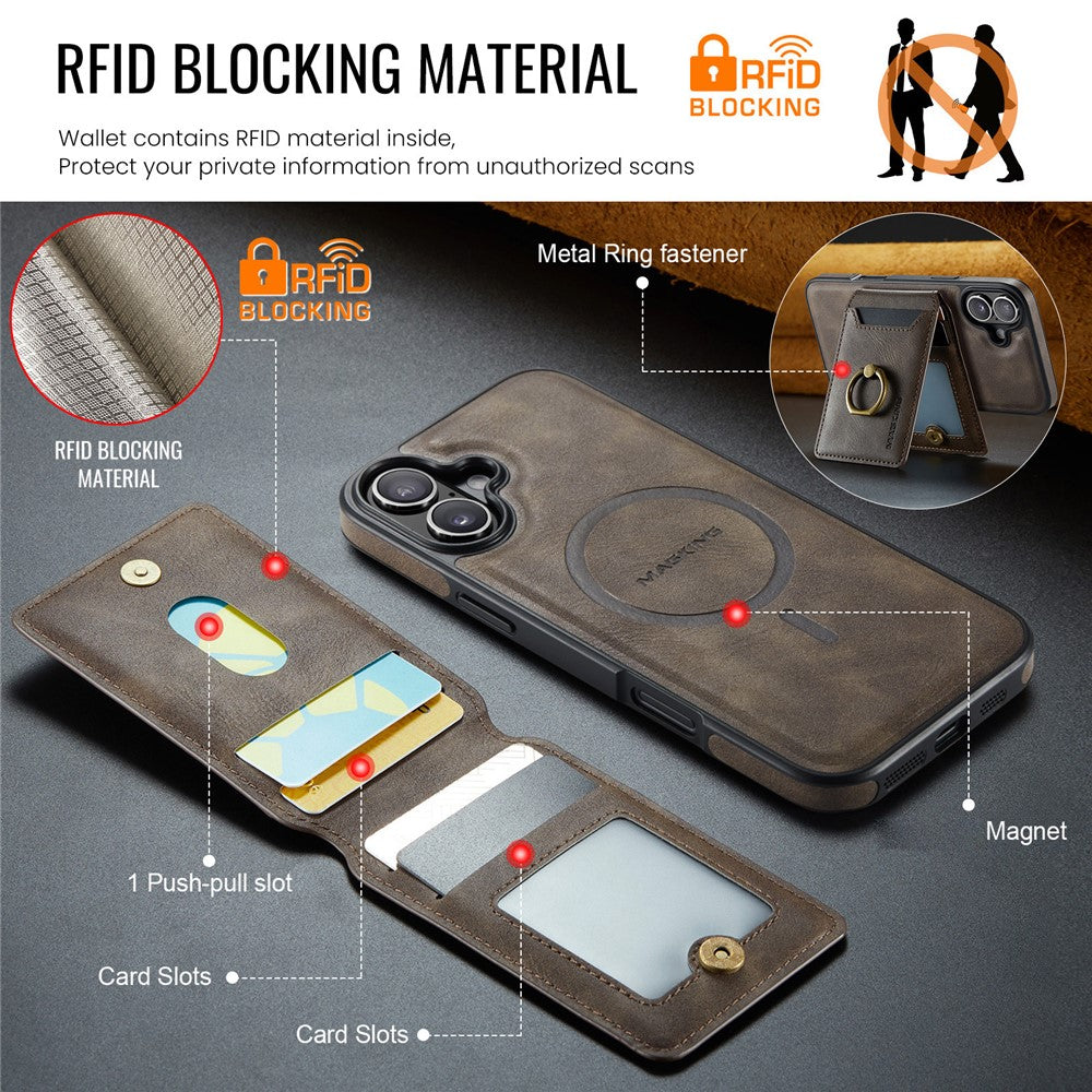 MAGKING K1 Series For iPhone 16 Magnetic Case PC+TPU+PU Phone Cover with Card Holder Kickstand
