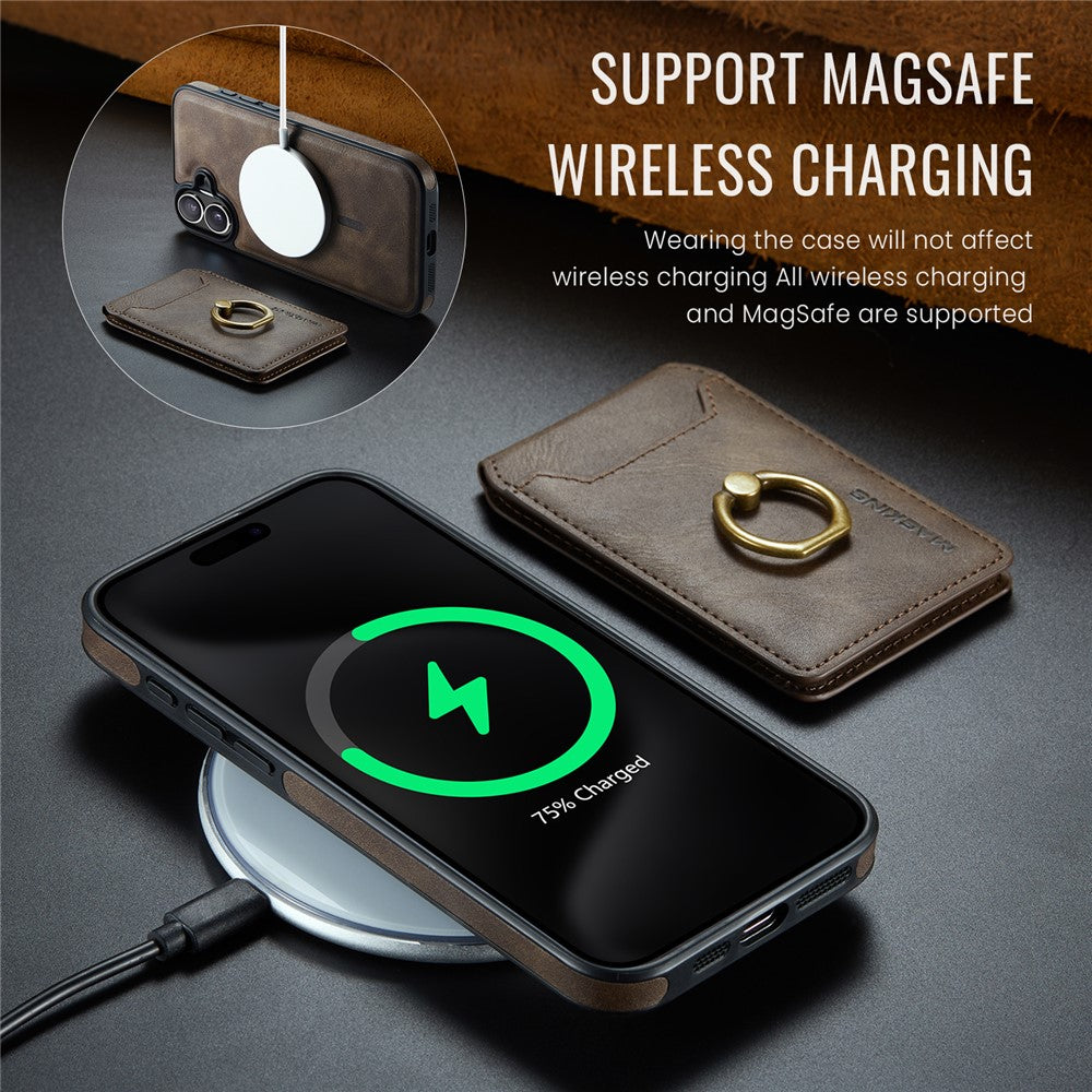 MAGKING K1 Series For iPhone 16 Magnetic Case PC+TPU+PU Phone Cover with Card Holder Kickstand
