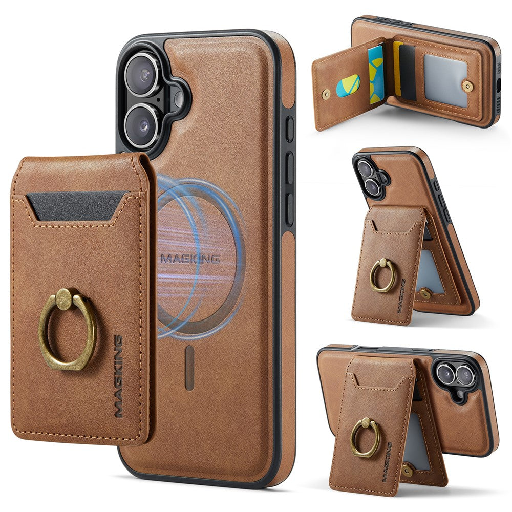 MAGKING K1 Series For iPhone 16 Magnetic Case PC+TPU+PU Phone Cover with Card Holder Kickstand