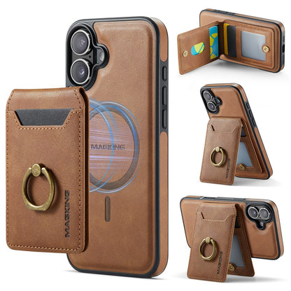 MAGKING K1 Series For iPhone 16 Magnetic Case PC+TPU+PU Phone Cover with Card Holder Kickstand
