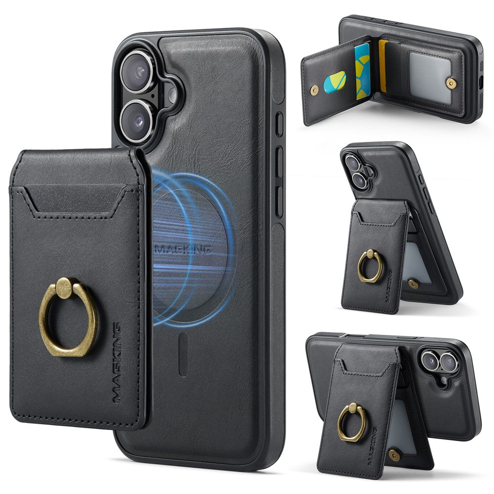 MAGKING K1 Series For iPhone 16 Magnetic Case PC+TPU+PU Phone Cover with Card Holder Kickstand