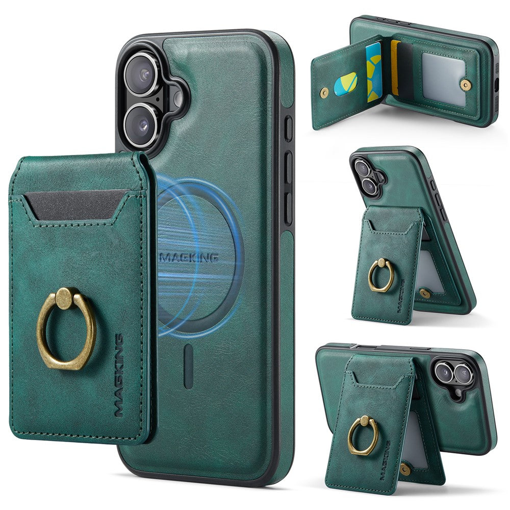 MAGKING K1 Series For iPhone 16 Magnetic Case PC+TPU+PU Phone Cover with Card Holder Kickstand