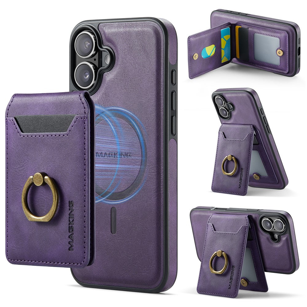 MAGKING K1 Series For iPhone 16 Magnetic Case PC+TPU+PU Phone Cover with Card Holder Kickstand