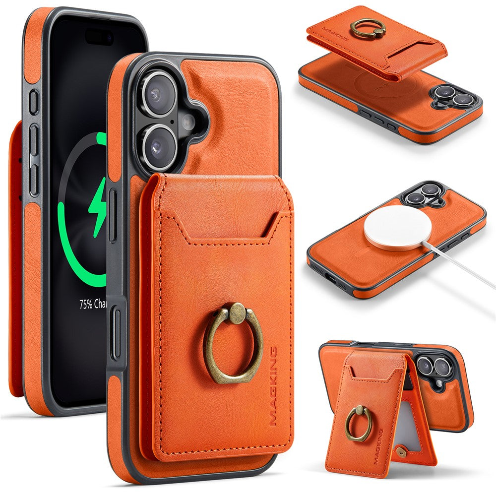 MAGKING K1 Series For iPhone 16 Magnetic Case PC+TPU+PU Phone Cover with Card Holder Kickstand