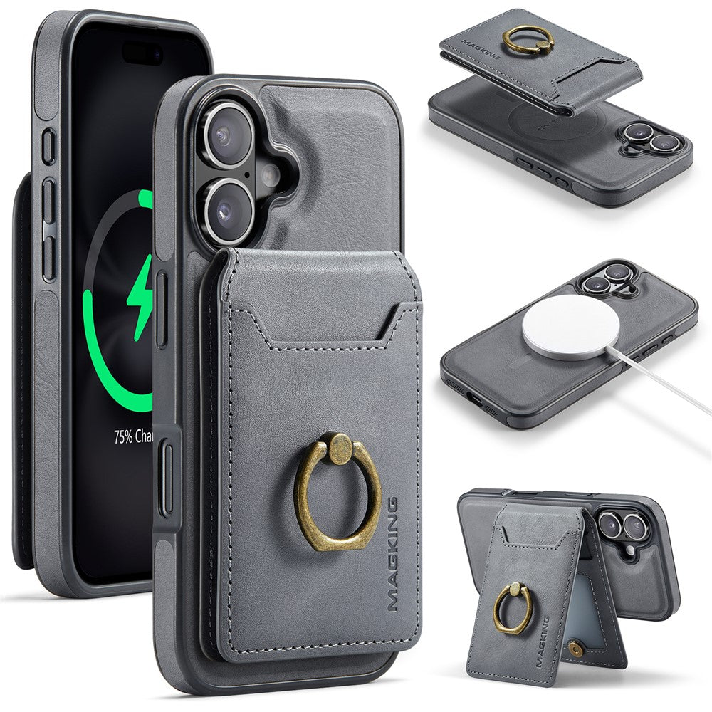 MAGKING K1 Series For iPhone 16 Magnetic Case PC+TPU+PU Phone Cover with Card Holder Kickstand