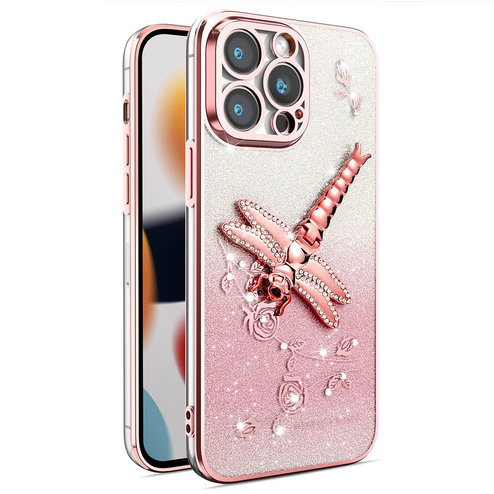 KADEM For iPhone 14 Pro Case Dragonfly Kickstand TPU Flowers Glitter Phone Cover
