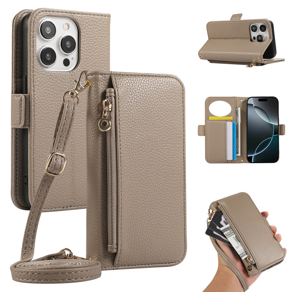 For iPhone 14 Pro Wallet Phone Case Shockproof TPU+PU Leather Flip Cover with Mirror, Strap