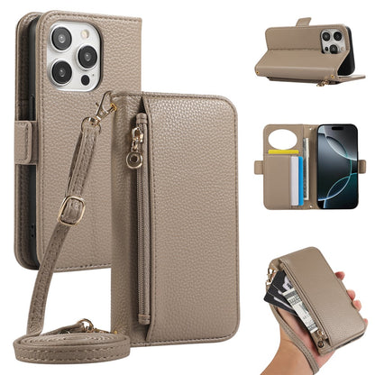 For iPhone 14 Pro Wallet Phone Case Shockproof TPU+PU Leather Flip Cover with Mirror, Strap