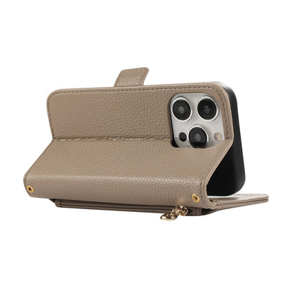 For iPhone 14 Pro Wallet Phone Case Shockproof TPU+PU Leather Flip Cover with Mirror, Strap
