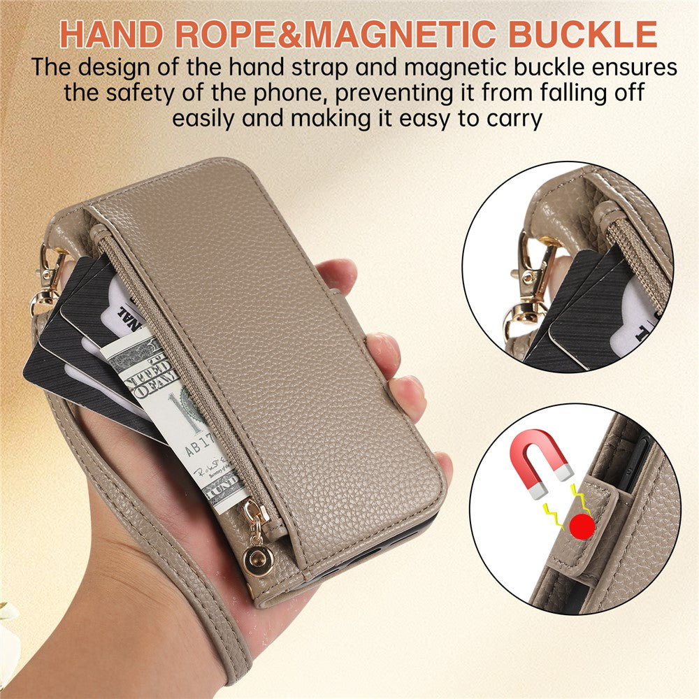 For iPhone 14 Pro Wallet Phone Case Shockproof TPU+PU Leather Flip Cover with Mirror, Strap