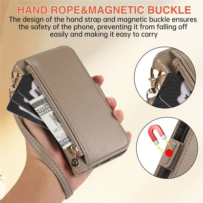 For iPhone 14 Pro Wallet Phone Case Shockproof TPU+PU Leather Flip Cover with Mirror, Strap