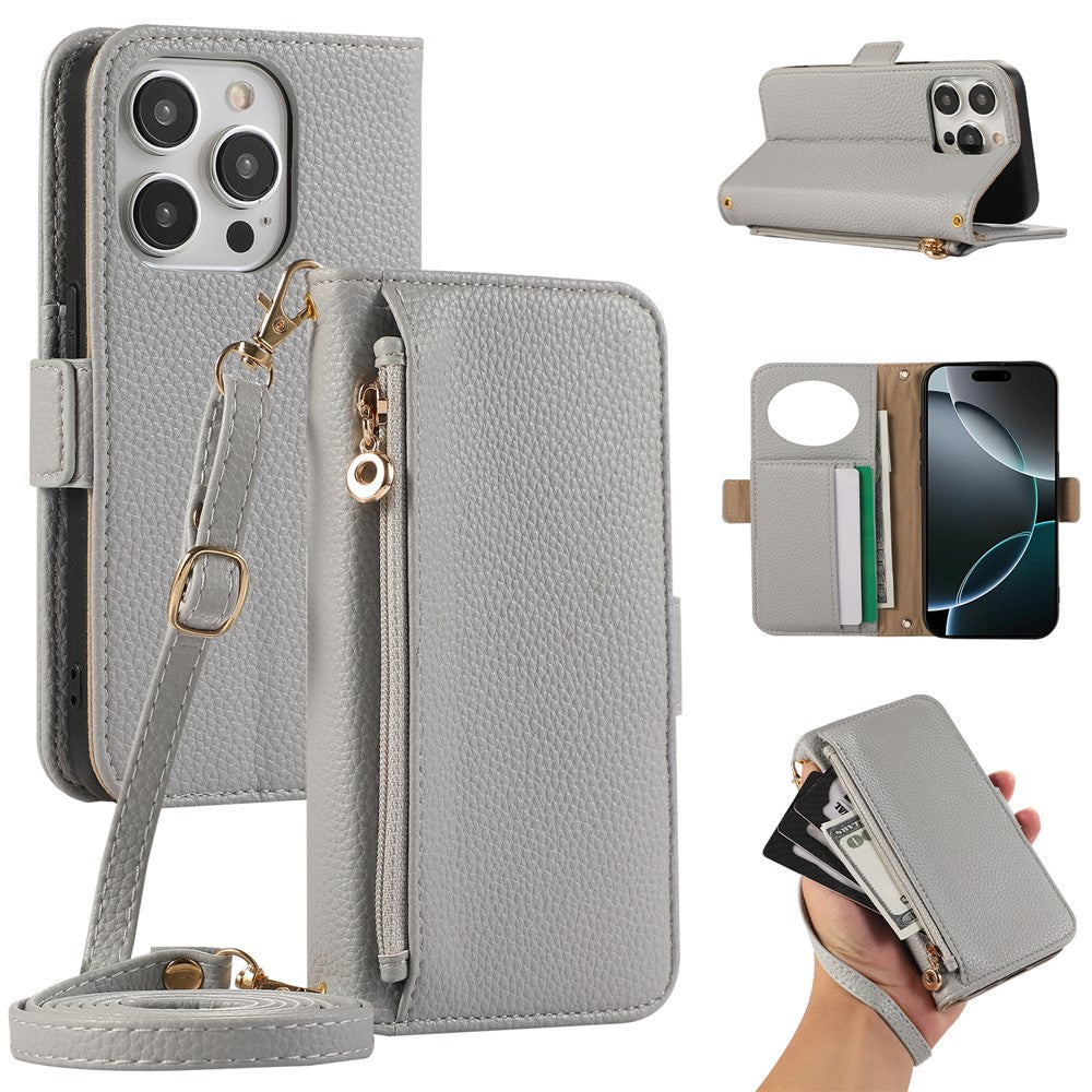 For iPhone 14 Pro Wallet Phone Case Shockproof TPU+PU Leather Flip Cover with Mirror, Strap