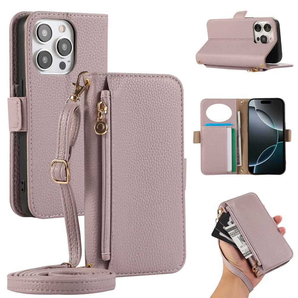 For iPhone 14 Pro Wallet Phone Case Shockproof TPU+PU Leather Flip Cover with Mirror, Strap