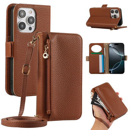 For iPhone 14 Pro Wallet Phone Case Shockproof TPU+PU Leather Flip Cover with Mirror, Strap