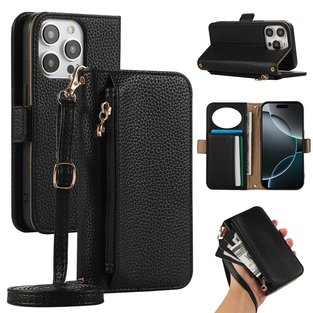 For iPhone 14 Pro Wallet Phone Case Shockproof TPU+PU Leather Flip Cover with Mirror, Strap