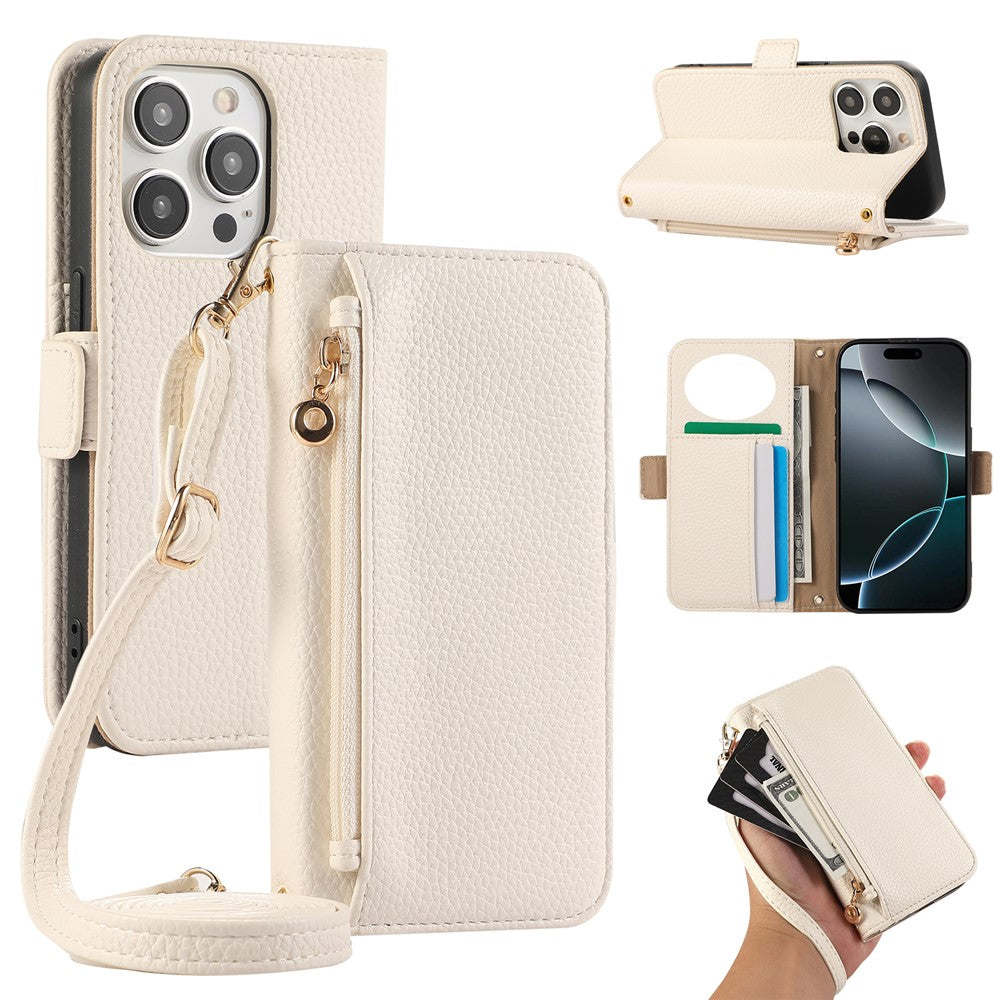 For iPhone 14 Pro Wallet Phone Case Shockproof TPU+PU Leather Flip Cover with Mirror, Strap