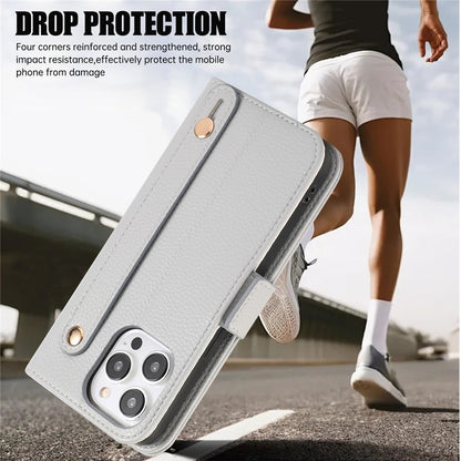 For iPhone 14 Pro Leather Case with Card Holder, Straps, Shockproof Wallet Phone Cover