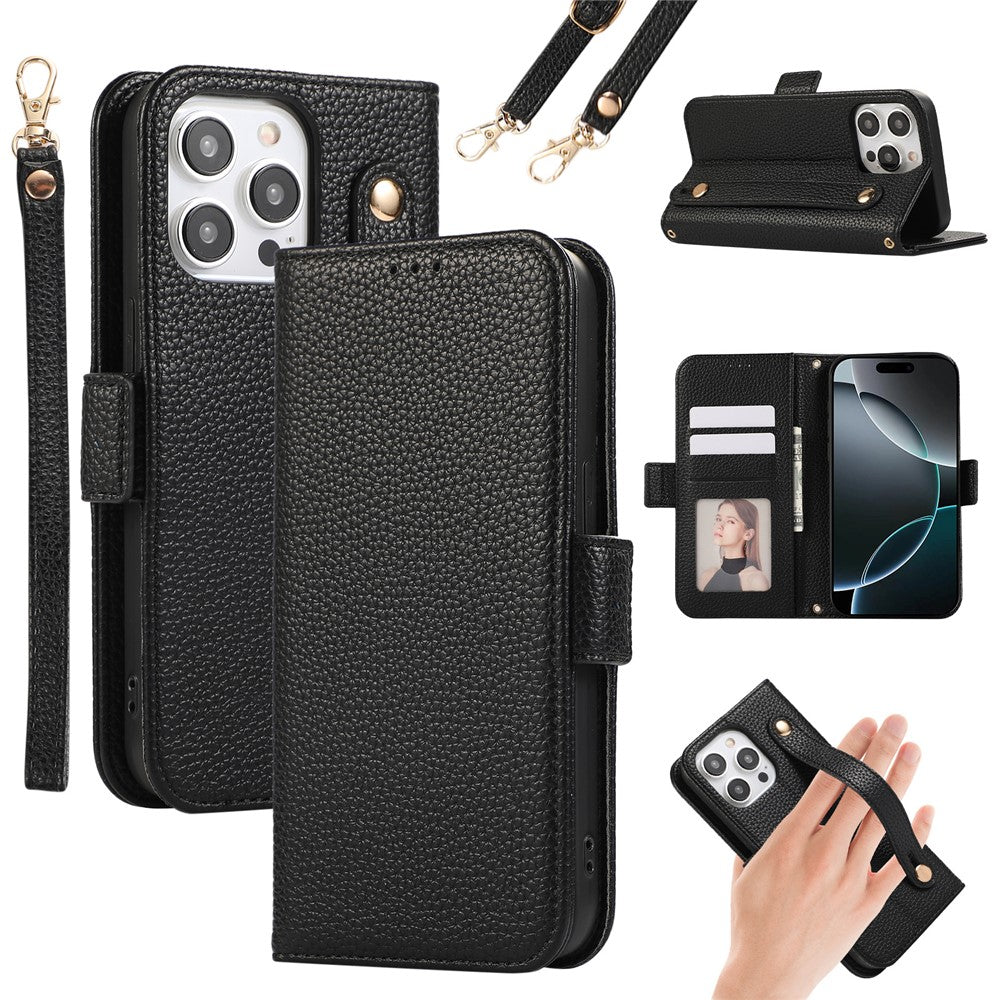 For iPhone 14 Pro Leather Case with Card Holder, Straps, Shockproof Wallet Phone Cover