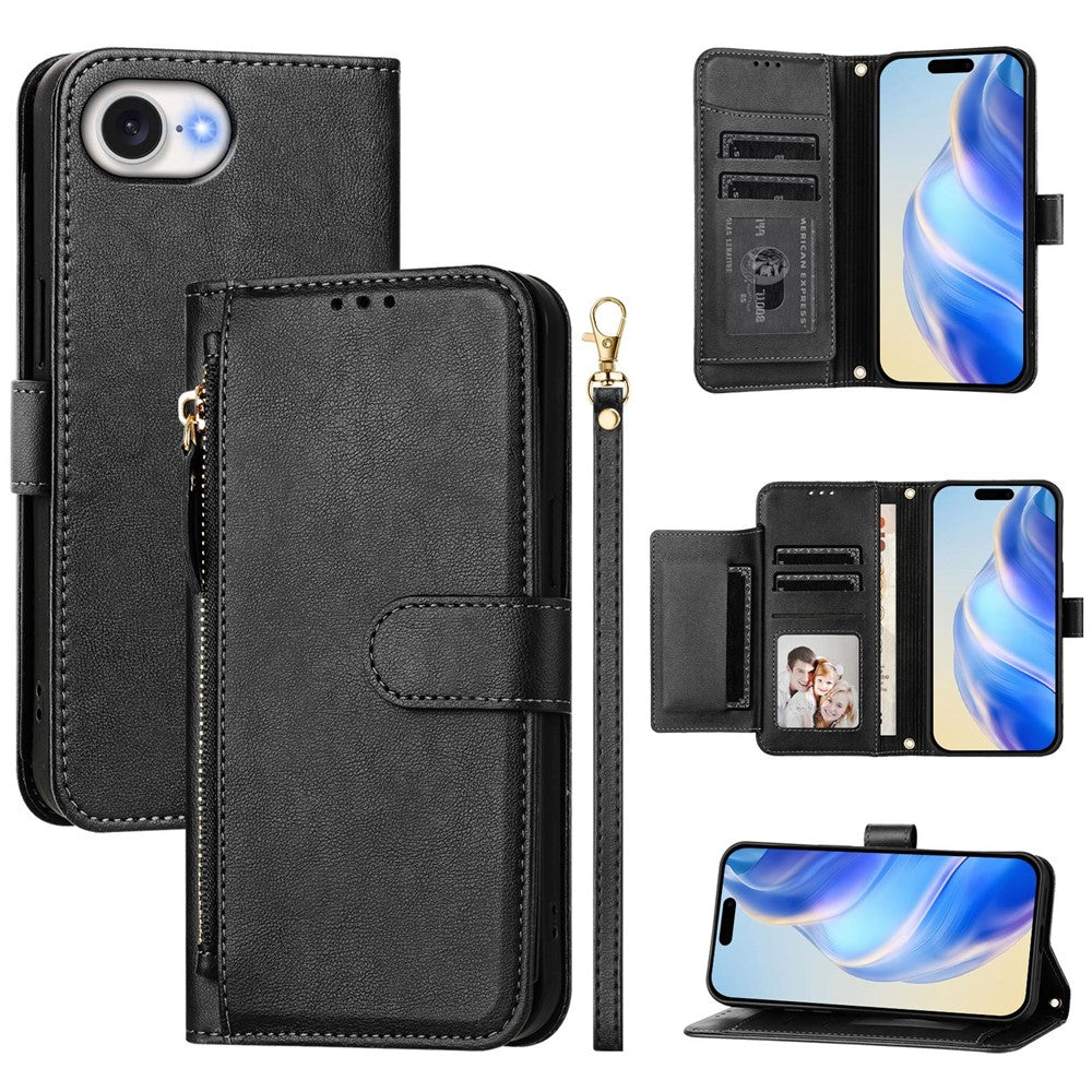 For iPhone 17e / 16e Case Zipper Pocket Multiple Card Slots Leather Phone Cover