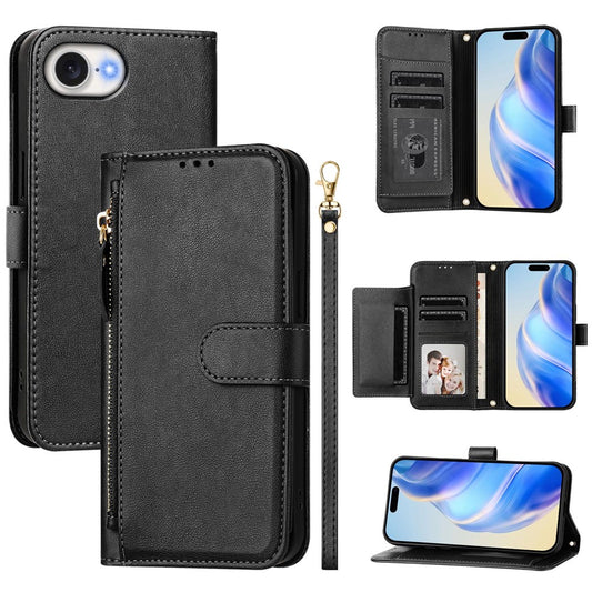 For iPhone 17e / 16e Case Zipper Pocket Multiple Card Slots Leather Phone Cover