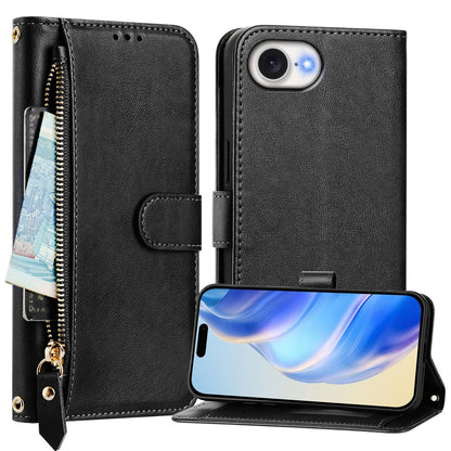 For iPhone 17e / 16e Case Zipper Pocket Multiple Card Slots Leather Phone Cover