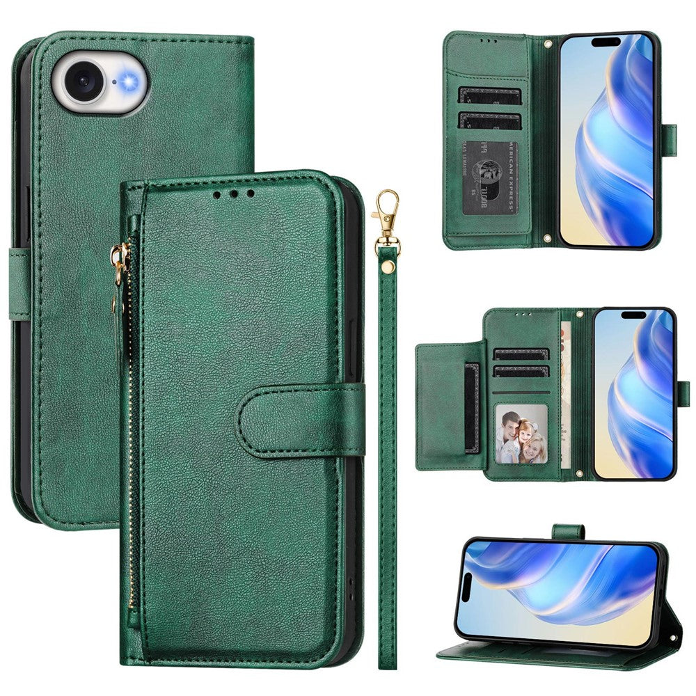 For iPhone 17e / 16e Case Zipper Pocket Multiple Card Slots Leather Phone Cover