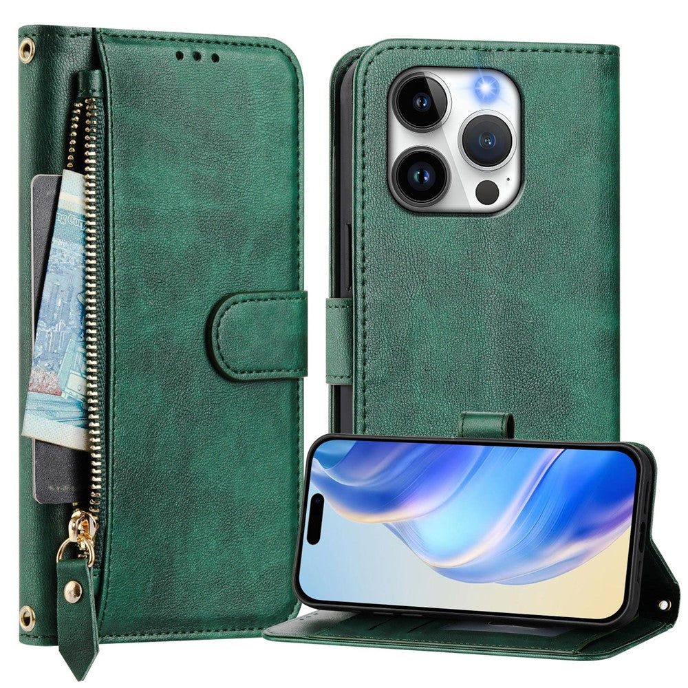 For iPhone 14 Pro Case Zipper Pocket Multiple Card Slots Leather Phone Cover