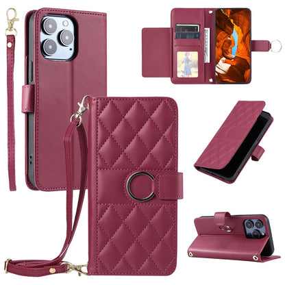 For iPhone 14 Pro Crossbody Leather Case Ring Buckle Wallet Stand Rhombus Mobile Cover