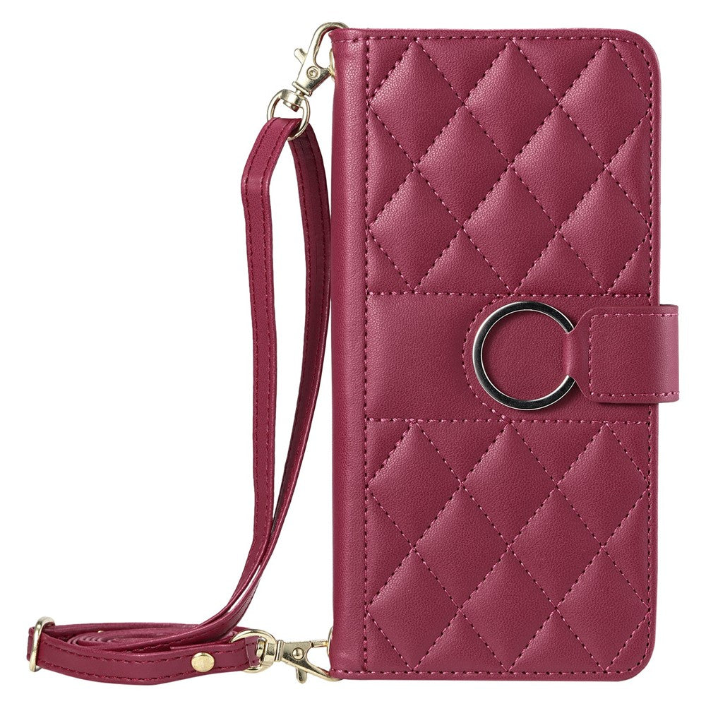 For iPhone 14 Pro Crossbody Leather Case Ring Buckle Wallet Stand Rhombus Mobile Cover